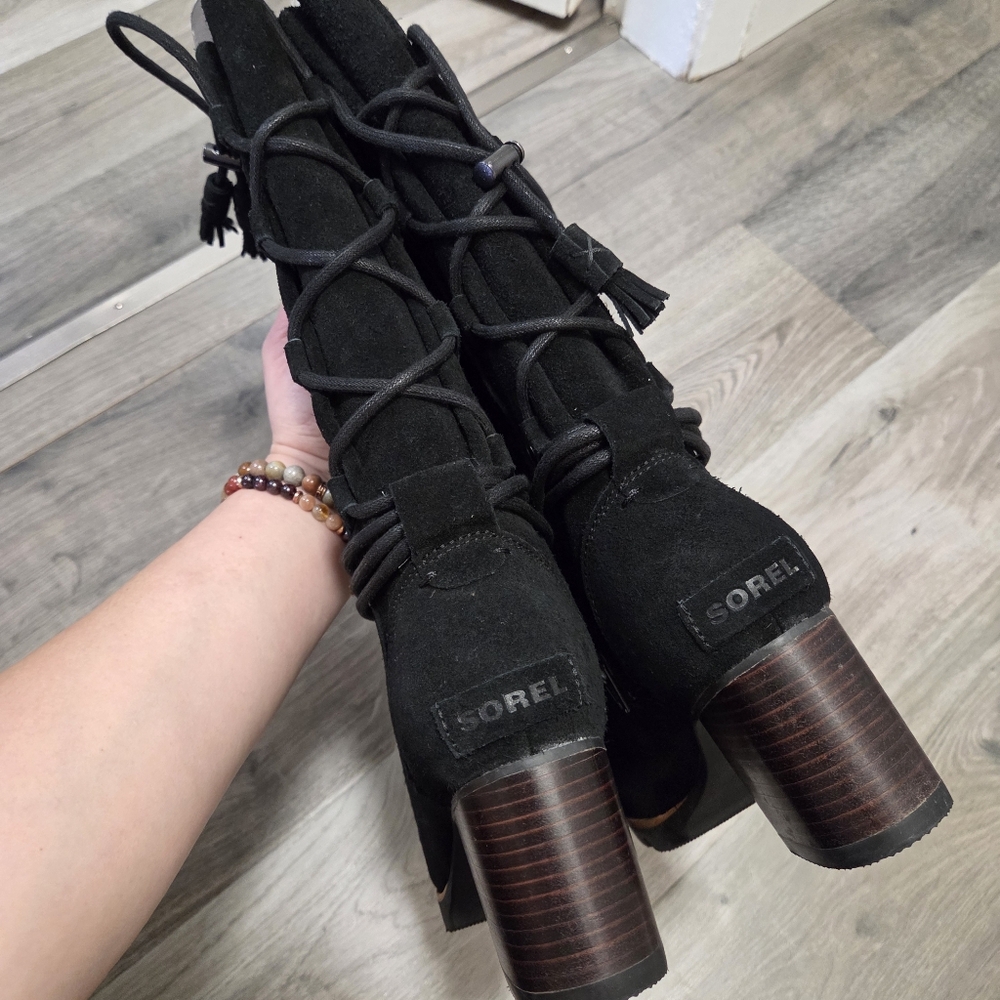 Sorel Black Suede Knee-High Block Heel Boots - Picture 4 of 9